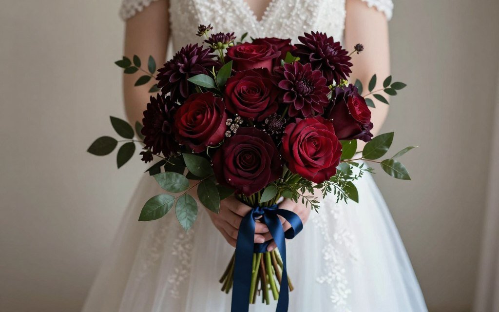 burgundy bouquet with navy ribbon for black wedding