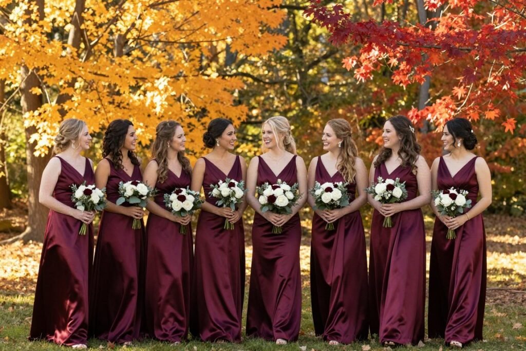 burgundy satin bridesmaid dress autumn leaves