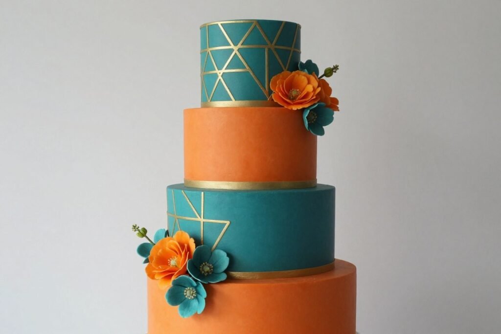 burnt orange and teal wedding cake design