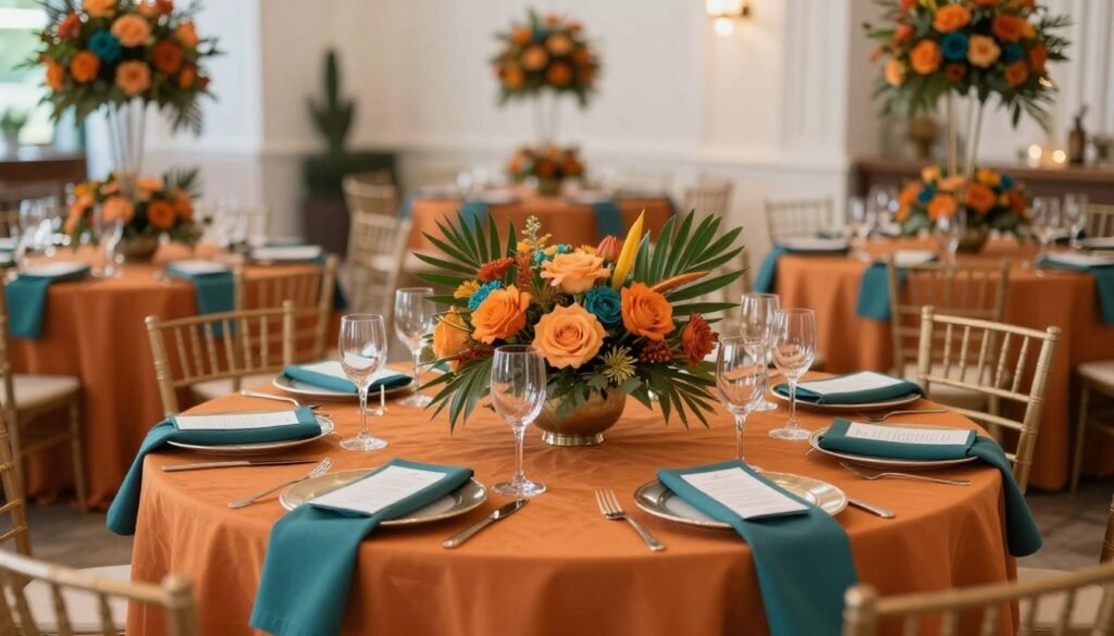 burnt orange and teal wedding reception decor