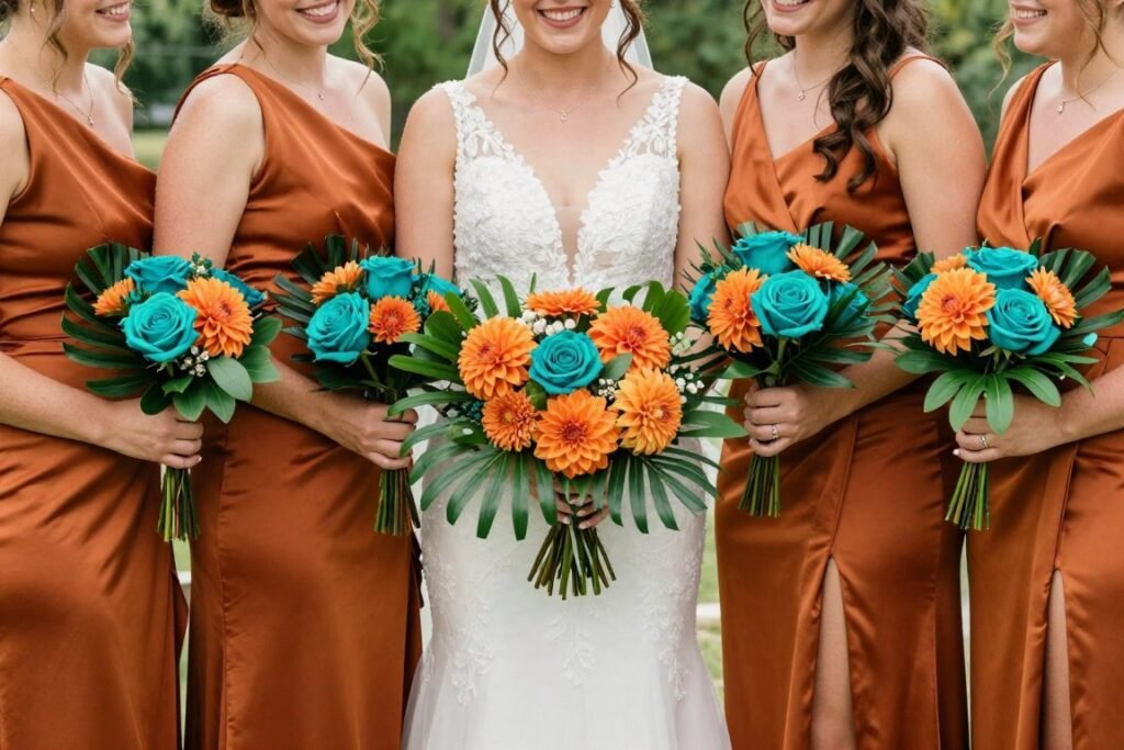 burnt orange bridesmaid dresses with teal bouquets