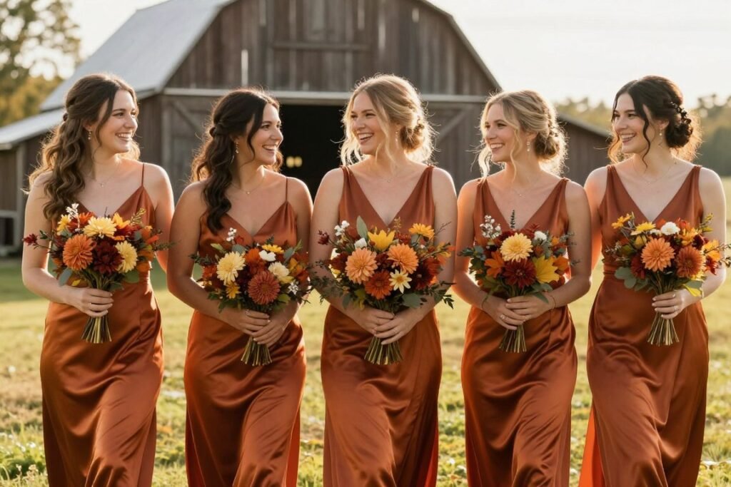 burnt orange satin dress fall wedding
