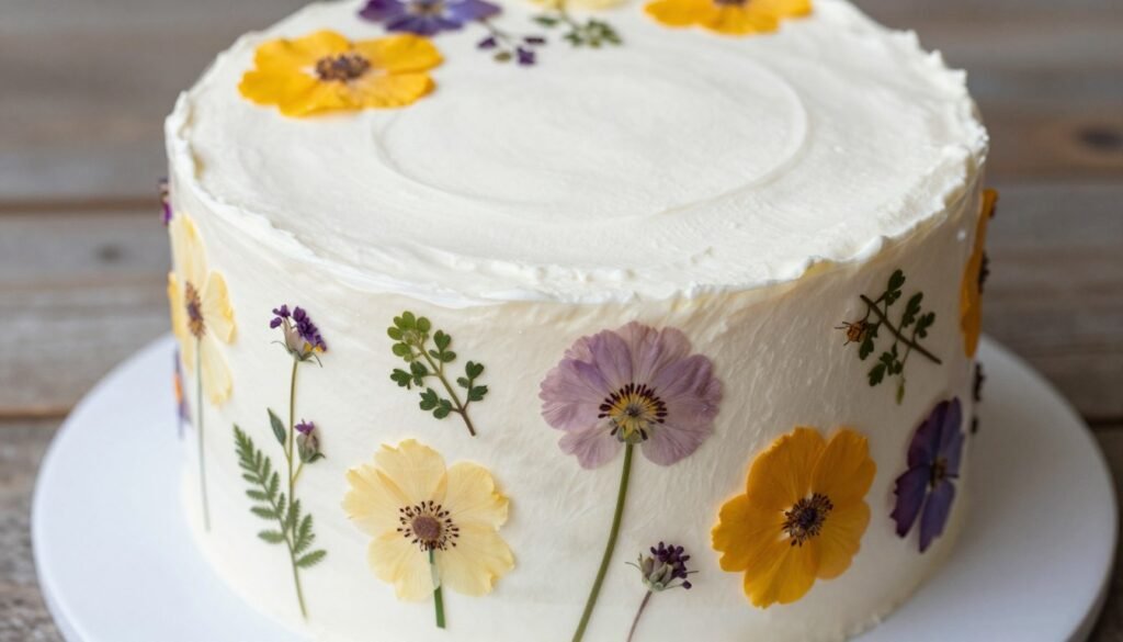 cake decorated with edible pressed flowers