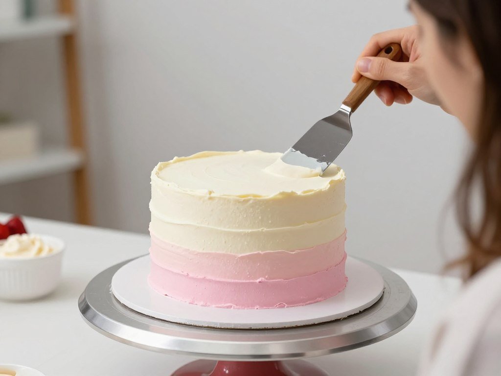 cake decorator creating ombre effect with offset spatula