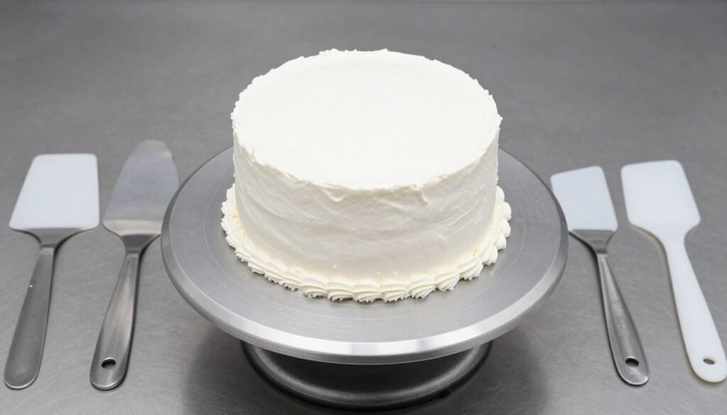 cake turntable with frosted cake and smoothing tools