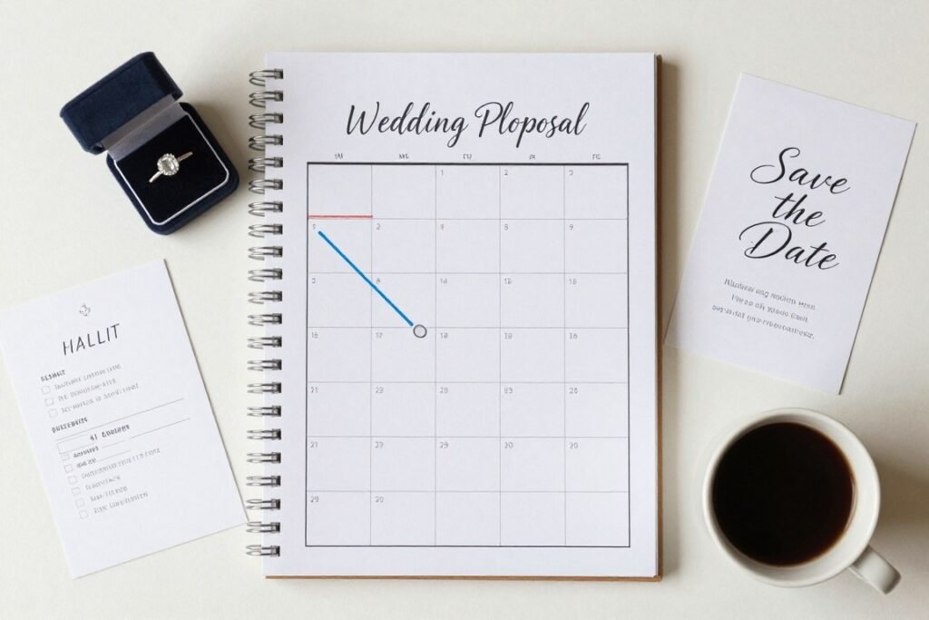 calendar and wedding planning timeline with bridesmaid proposal timing marked