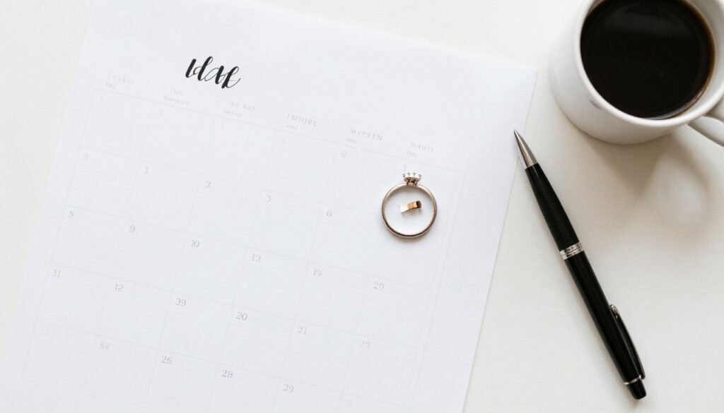 calendar marking bridesmaid proposal date with engagement ring