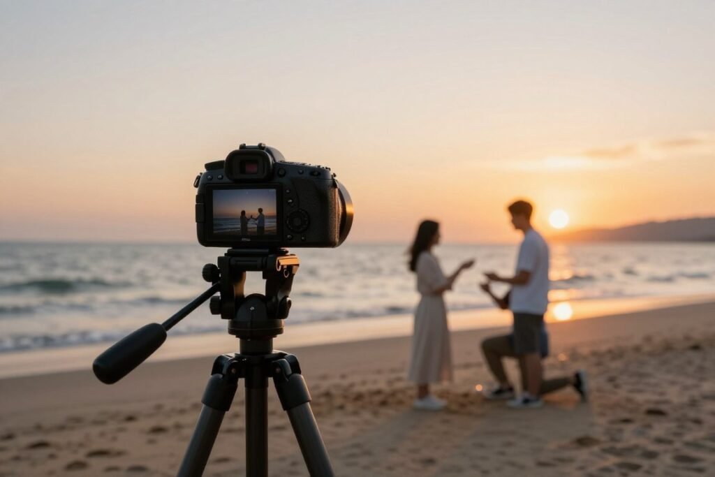 camera on tripod set up for proposal