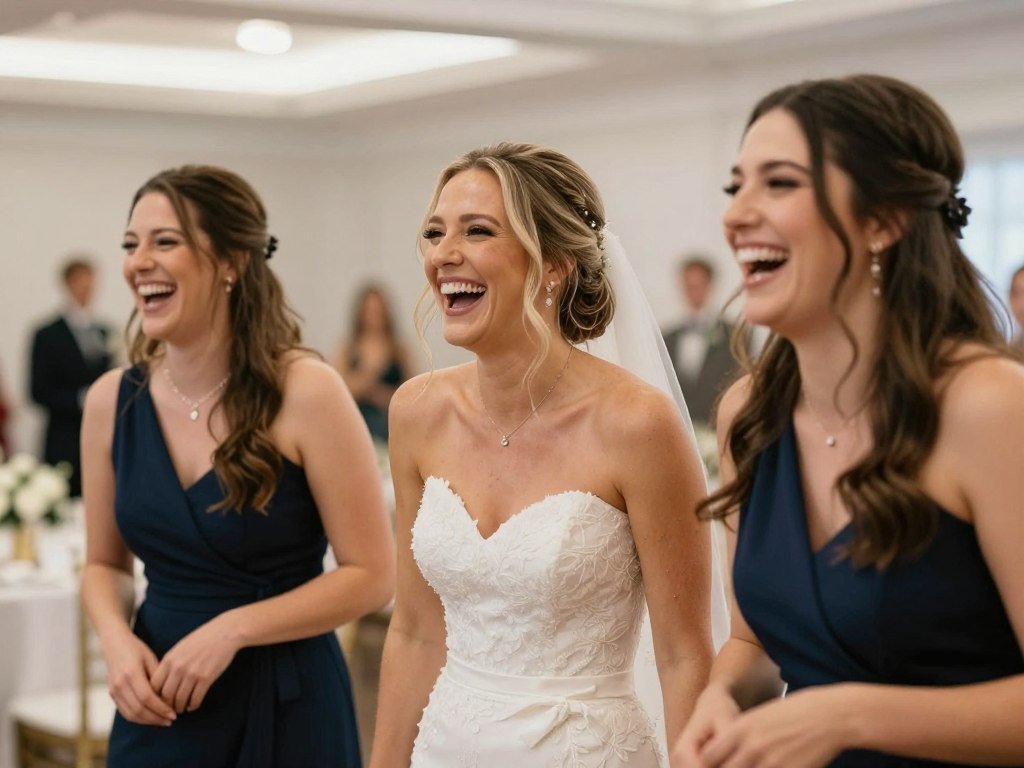 candid bridesmaid laughter moment captured naturally at wedding reception candid bridesmaid laughter moment captured naturally at wedding reception