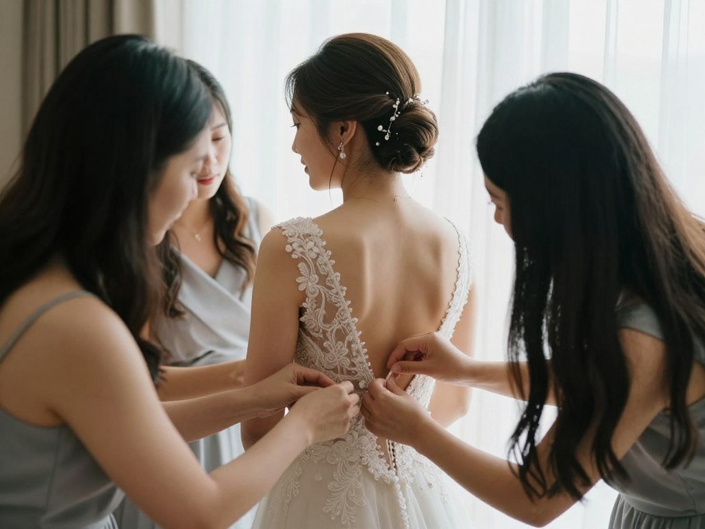 candid moment bridesmaids helping bride