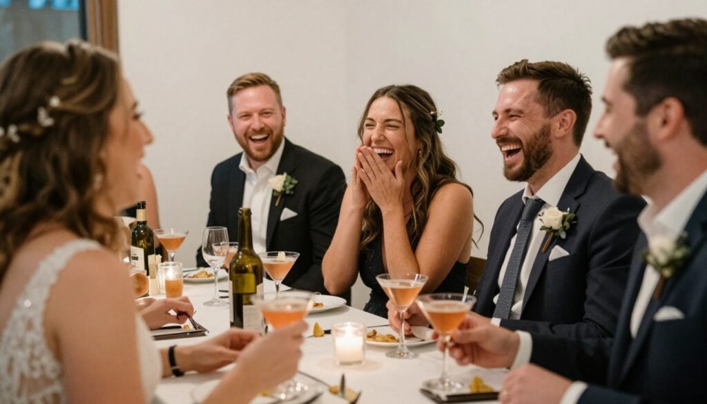 candid wedding moment with guests laughing together