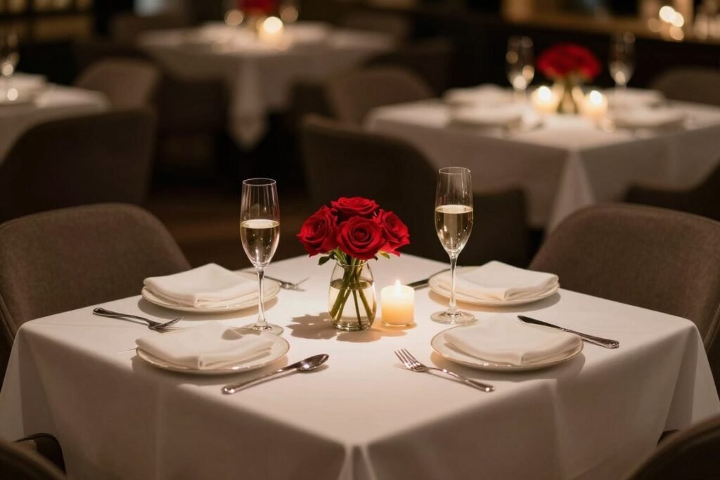 candlelit dinner proposal setup with roses and champagne