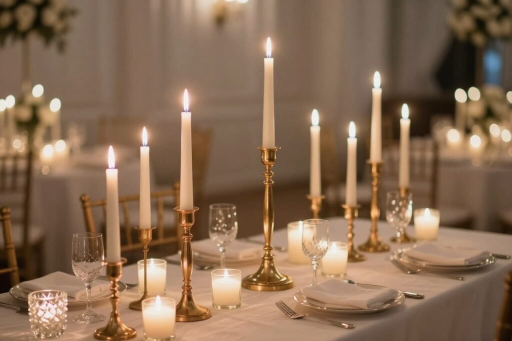 candlelit sweetheart table with tall candlesticks candlelit sweetheart table with tall candlesticks