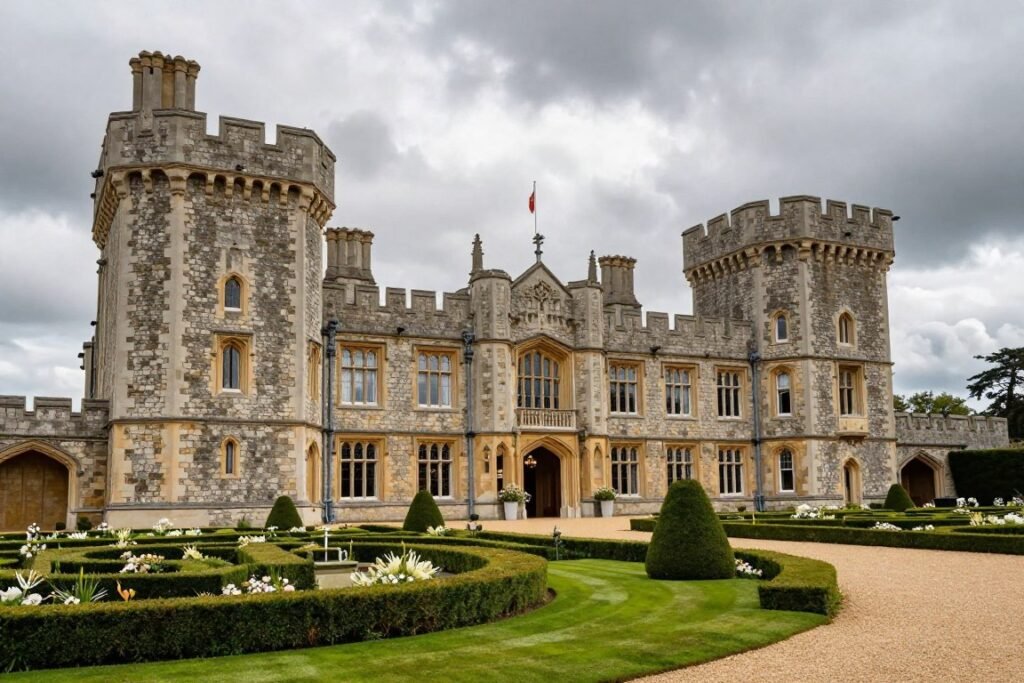castle wedding venue exterior with stone towers and formal gardens castle wedding venue exterior with stone towers and formal gardens