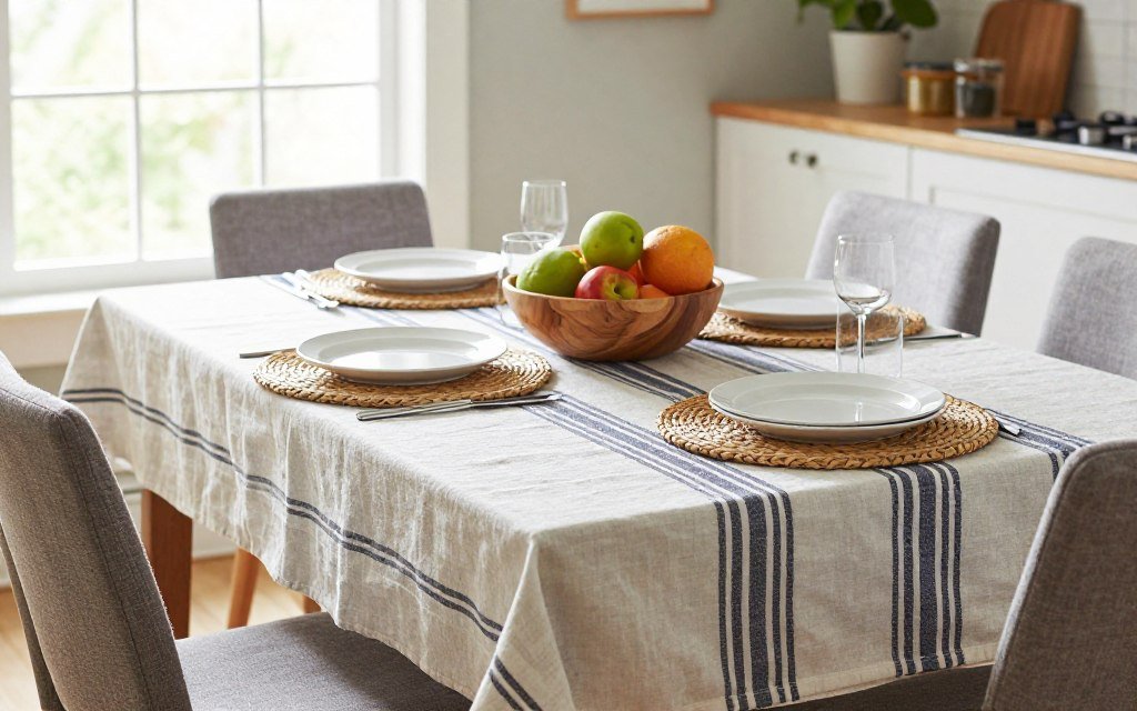 casual everyday table runner on family dining table with simple place settings casual everyday table runner on family dining table with simple place settings