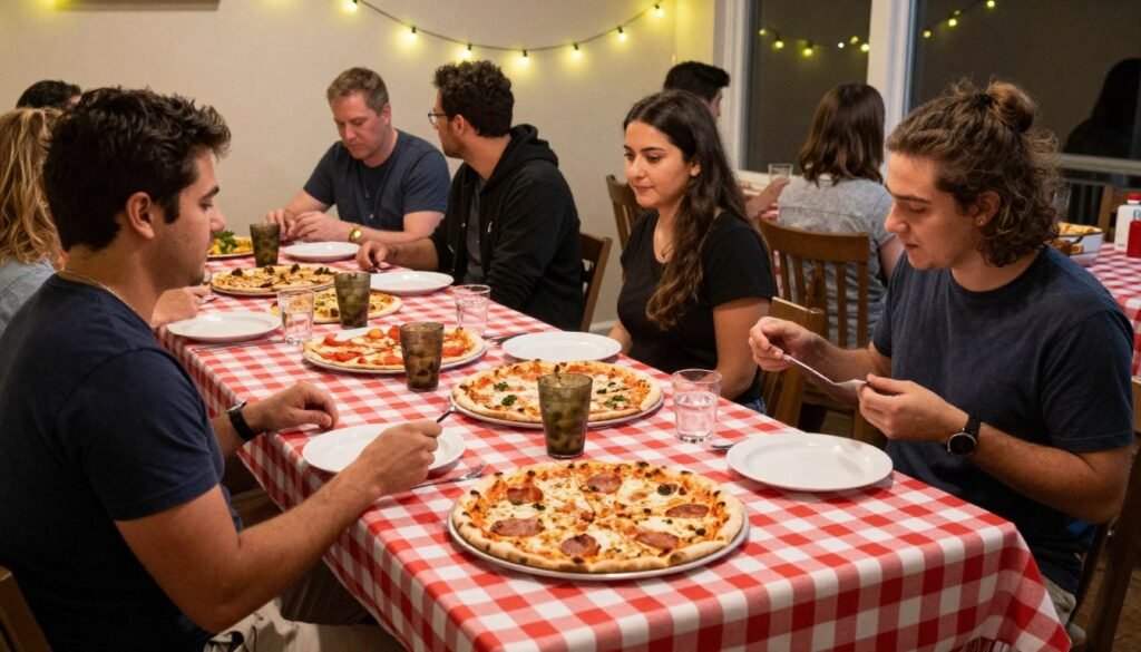 casual pizza party rehearsal dinner with multiple pizzas and casual seating casual pizza party rehearsal dinner with multiple pizzas and casual seating