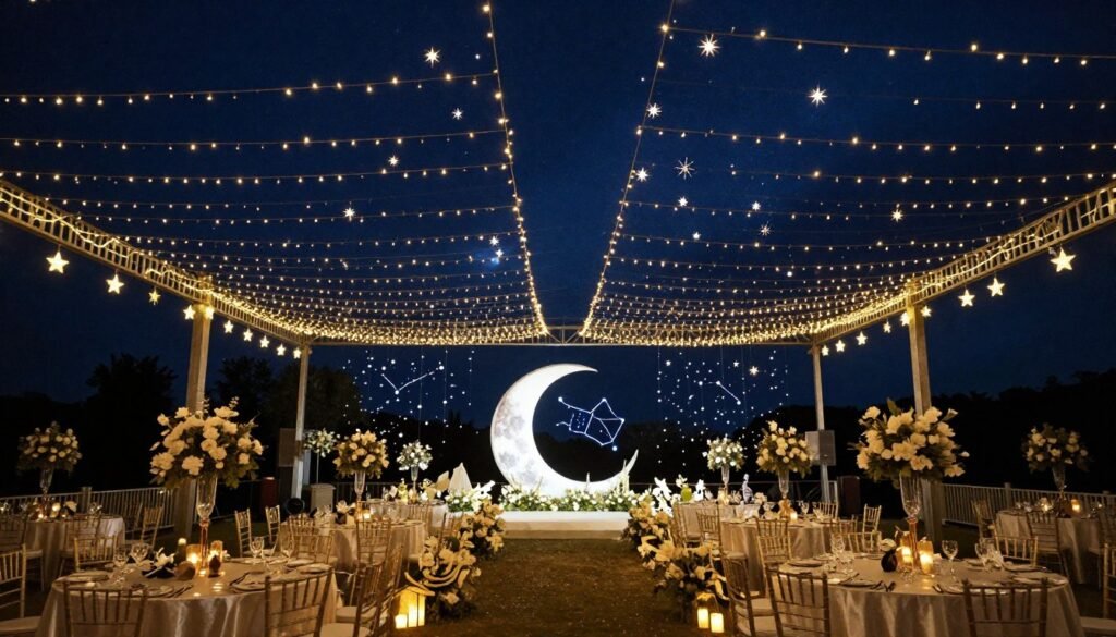 celestial wedding theme with stars and moon decorations
