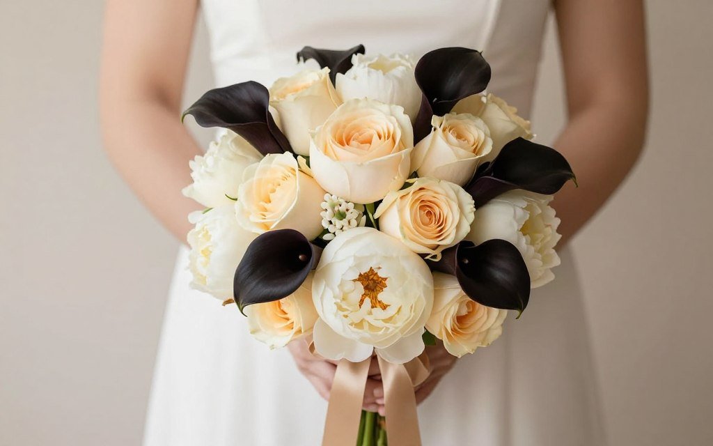 champagne and black wedding bouquet