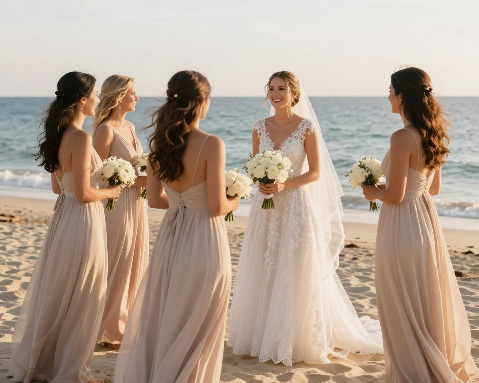 champagne and blush neutral bridesmaid dresses at summer beach wedding