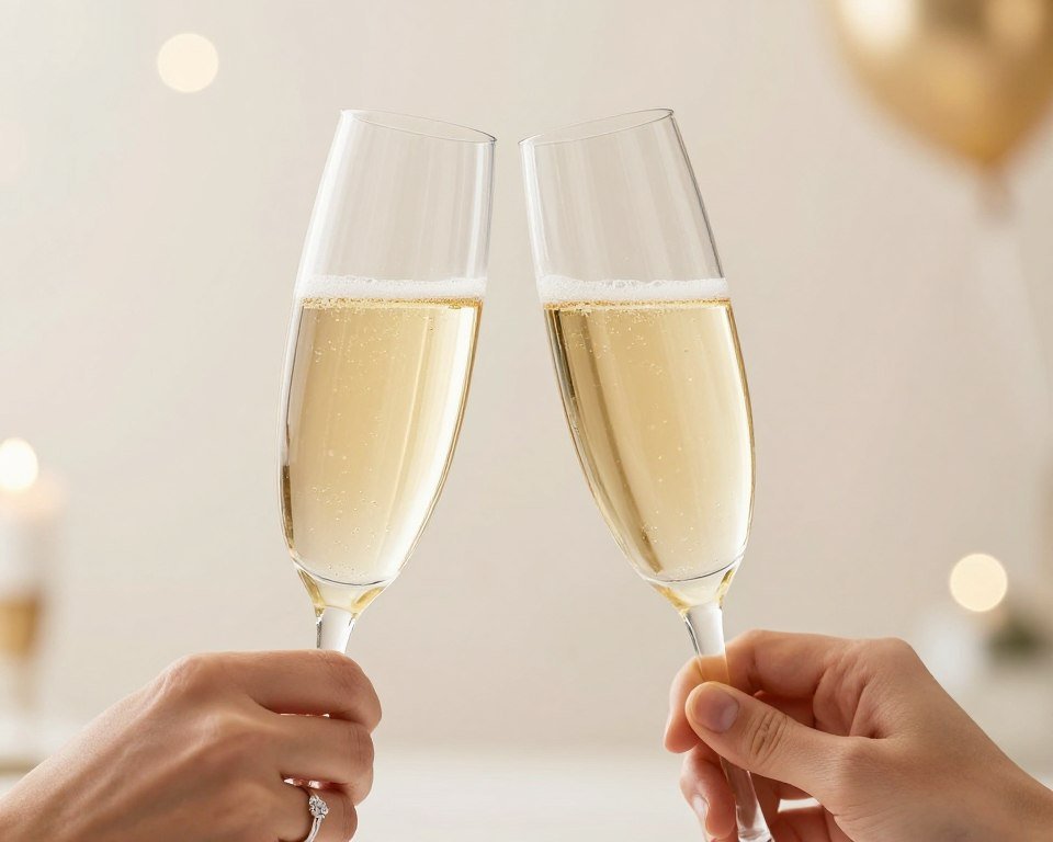 champagne glasses toasting with engagement ring visible