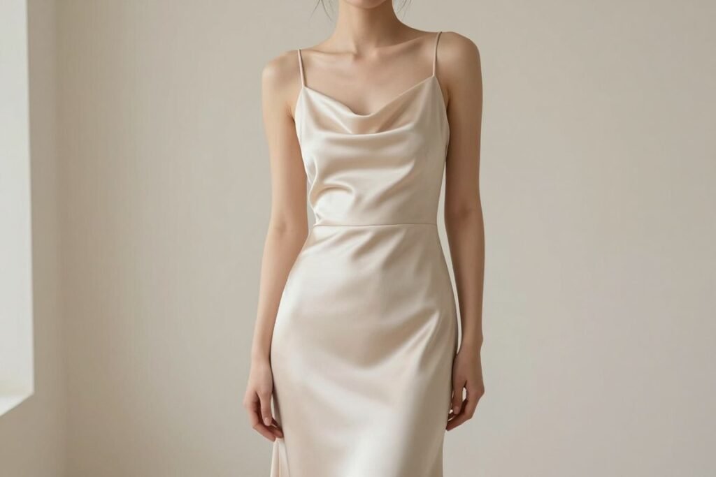 champagne slip-style satin bridesmaid dress