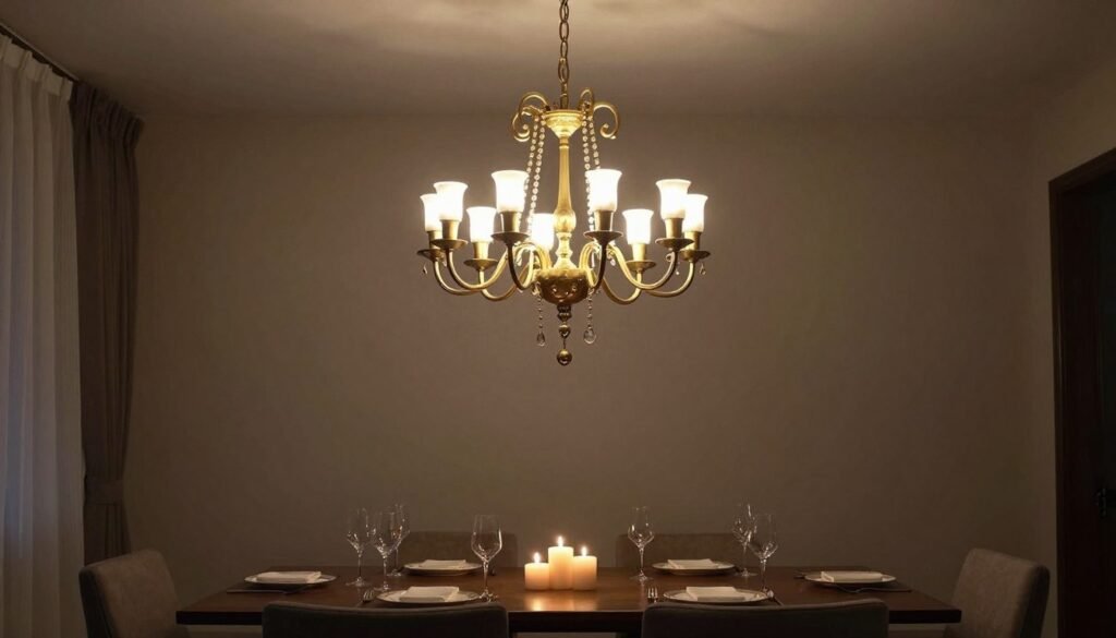chandelier over dining table setting