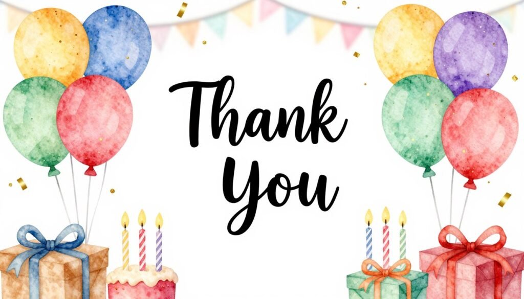cheerful birthday thank you card with colorful balloons and confetti design
