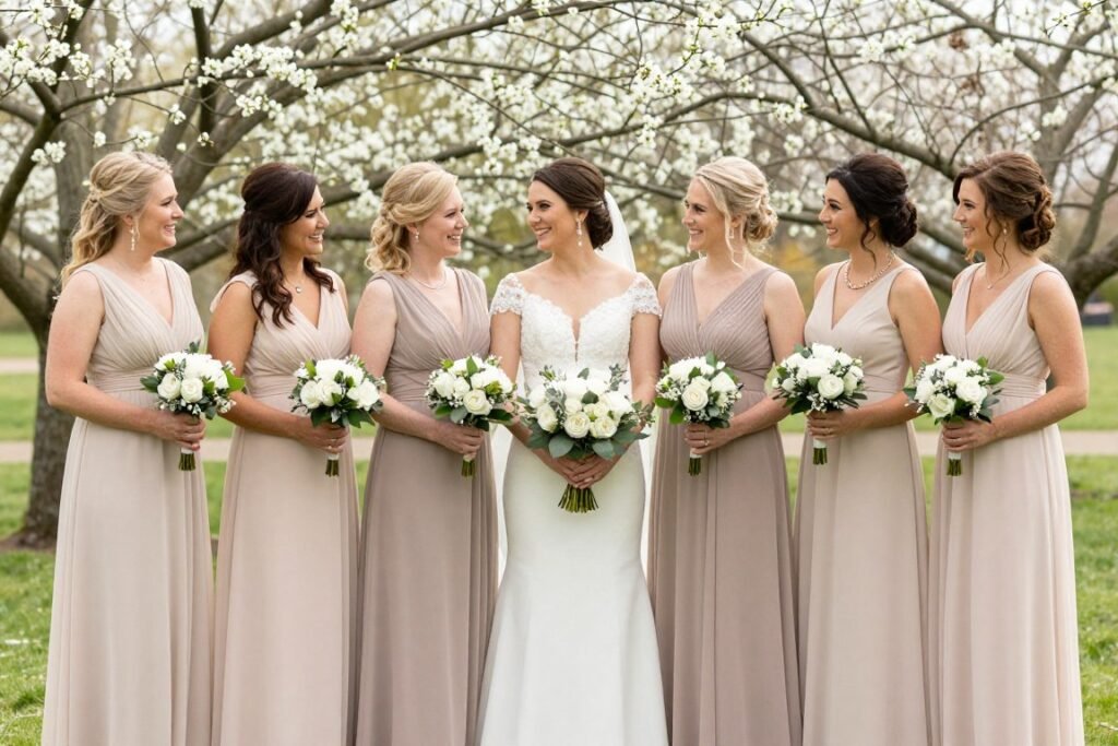 chiffon bridesmaid dresses in various neutral shades at spring garden wedding