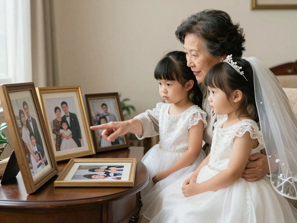 children looking at memorial photos with adult