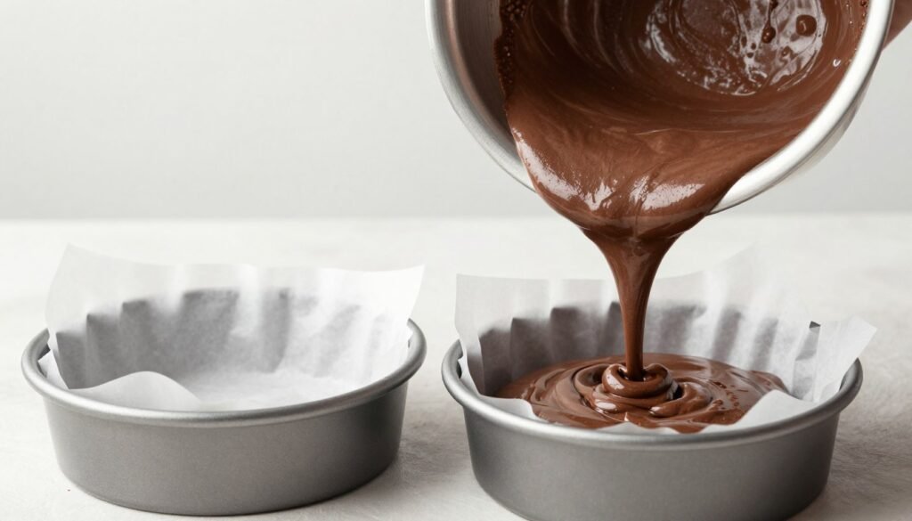 chocolate cake batter being poured into prepared baking pans