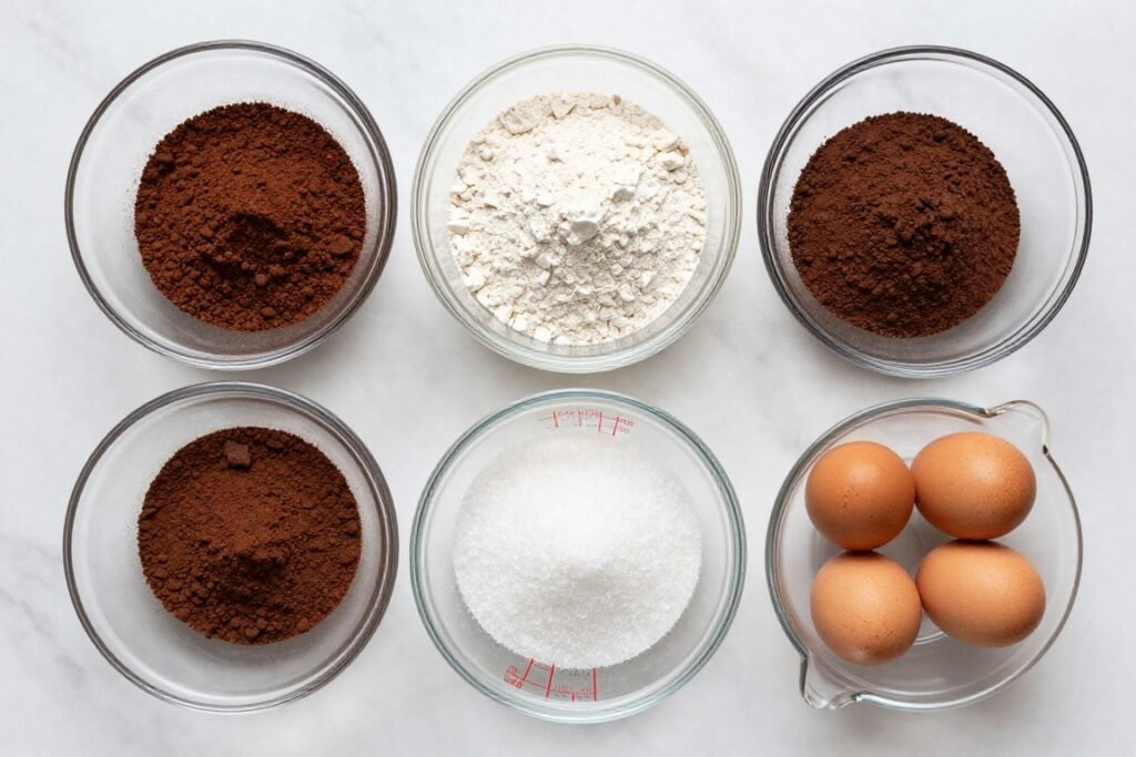chocolate cake ingredients measured in cups and bowls