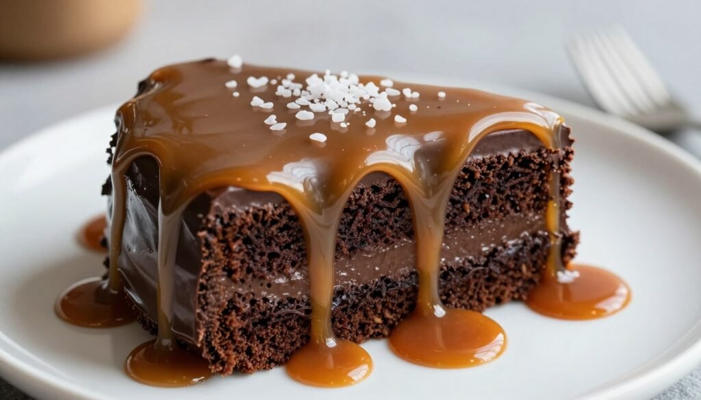 chocolate cake with salted caramel drizzle