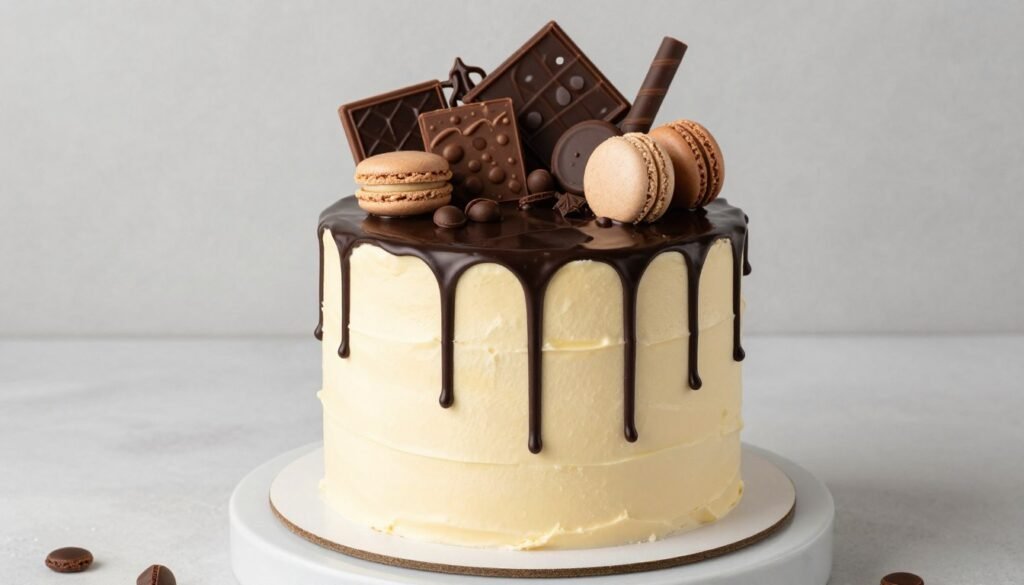 chocolate drip cake with ganache flowing down sides