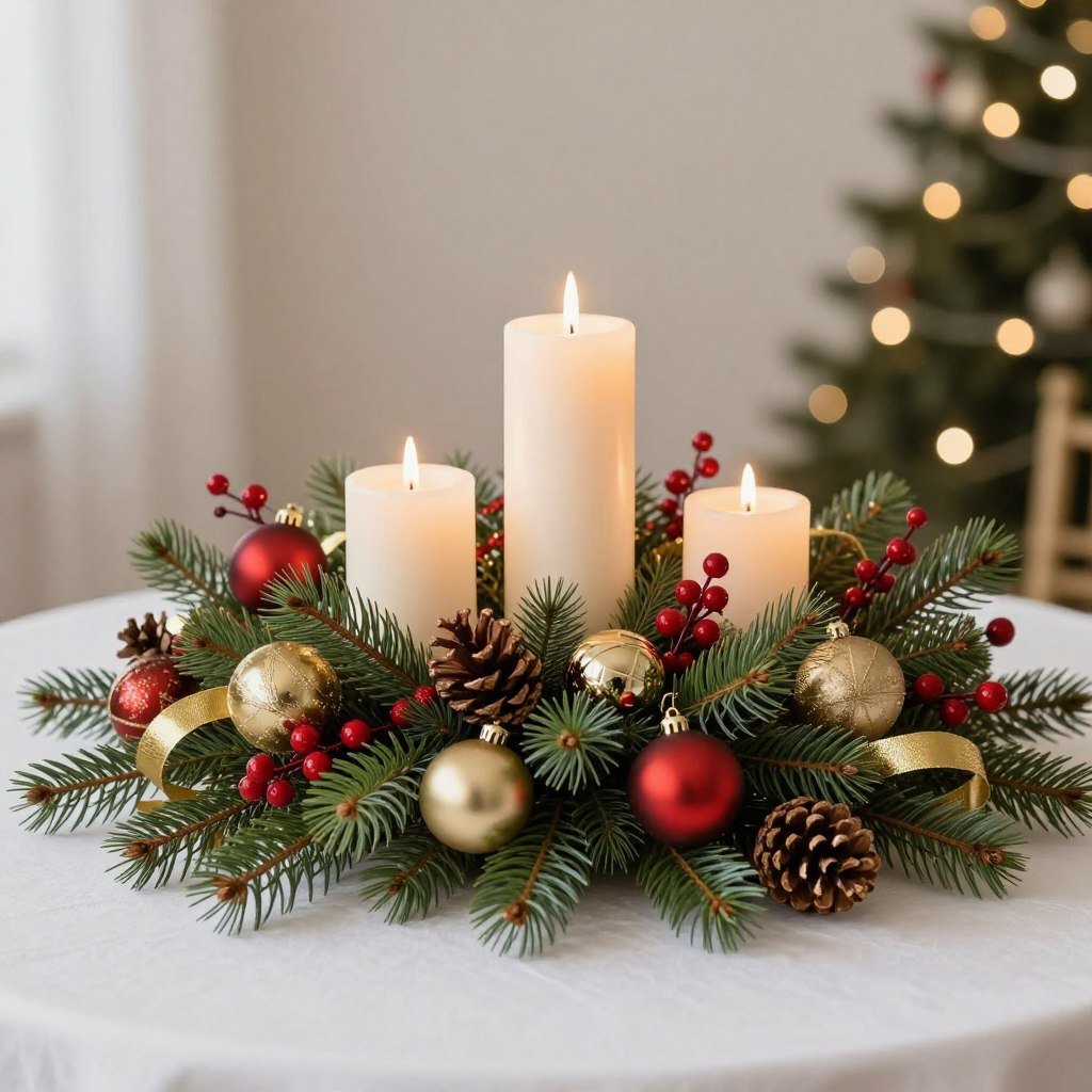 christmas table centerpiece with candles and ornaments