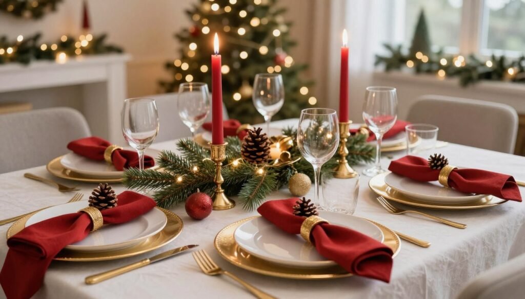 christmas table setting ideas with red and gold decorations