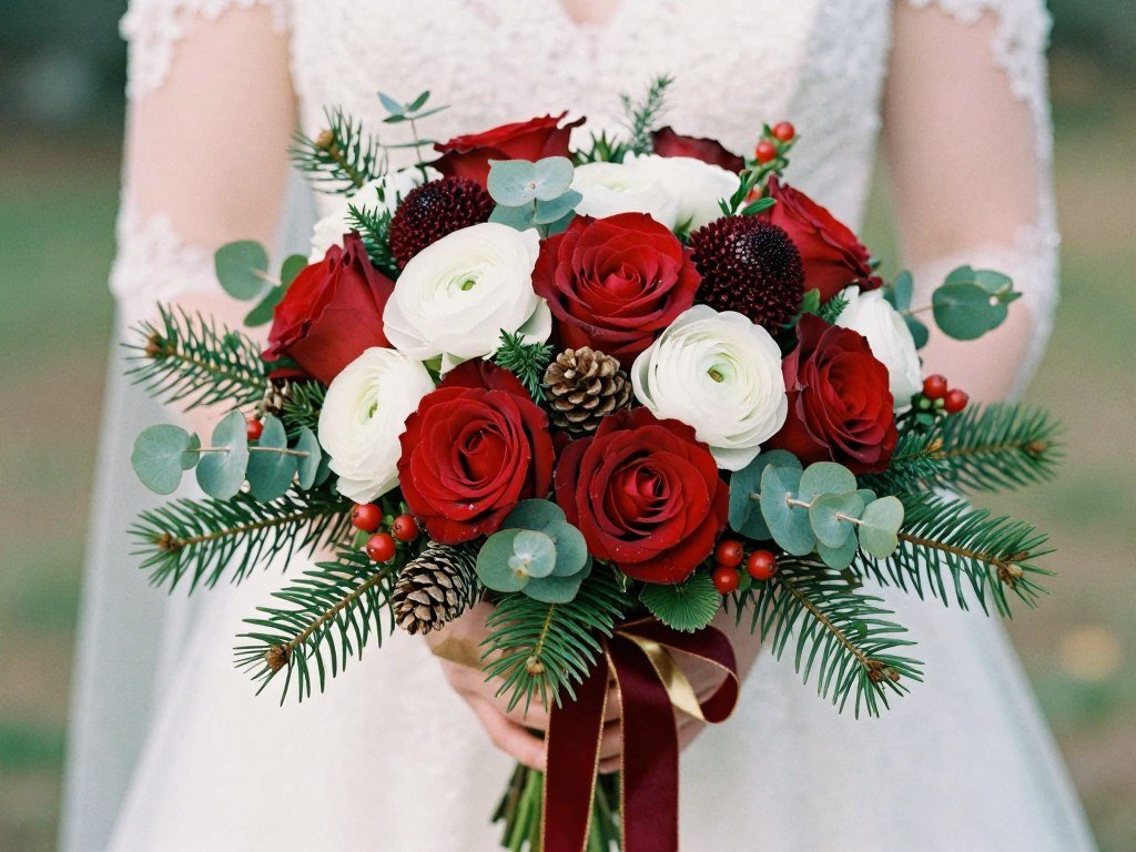 christmas wedding bouquet with red roses white ranunculus and evergreen branches