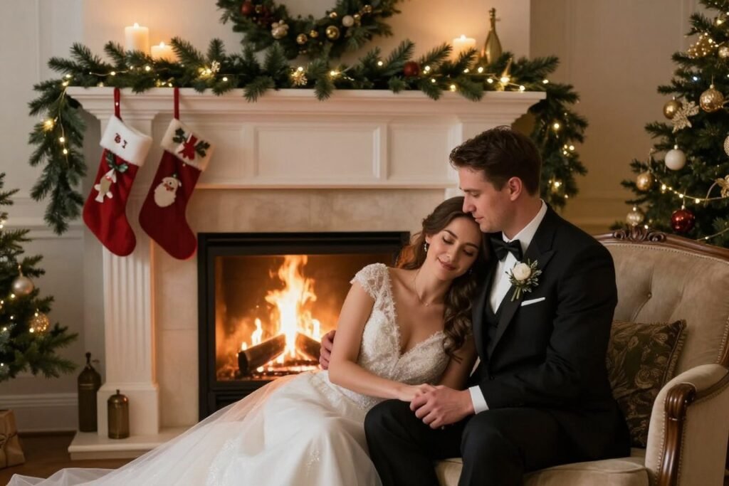 christmas wedding couple by fireplace with stockings and garland