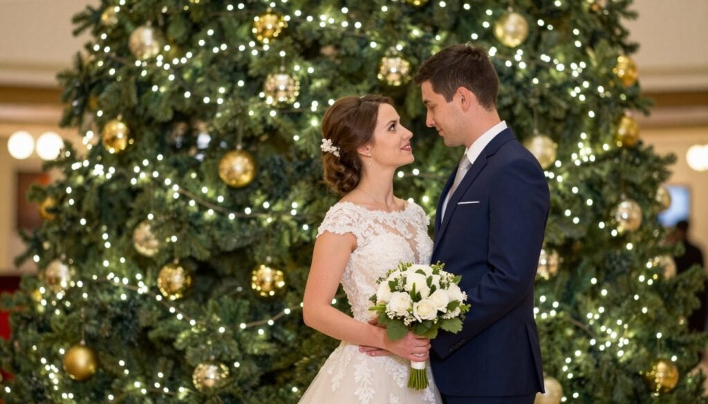 christmas wedding couple portrait in front of decorated tree with lights