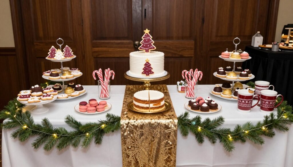 christmas wedding dessert table with cookies cakes and hot chocolate station
