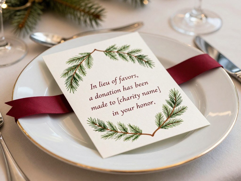 christmas wedding favor card explaining charitable donation