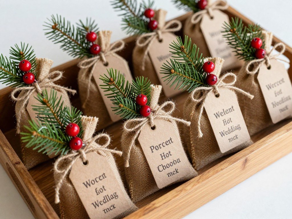 christmas wedding favors wrapped in burlap with evergreen sprigs and tags