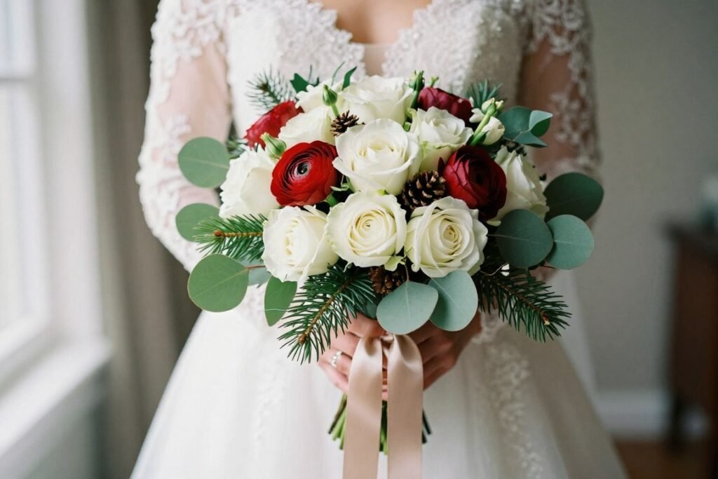 christmas wedding ideas elegant winter bride with seasonal bouquet