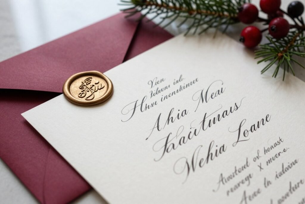 christmas wedding invitation detail with calligraphy and wax seal christmas wedding invitation detail with calligraphy and wax seal