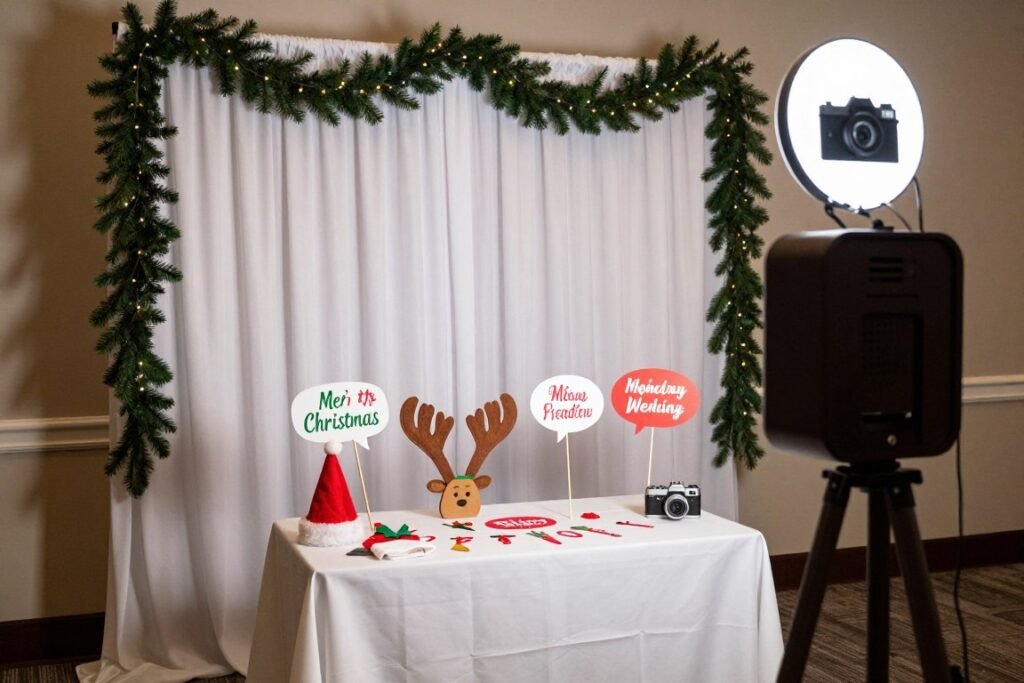 christmas wedding photo booth with props and festive backdrop christmas wedding photo booth with props and festive backdrop