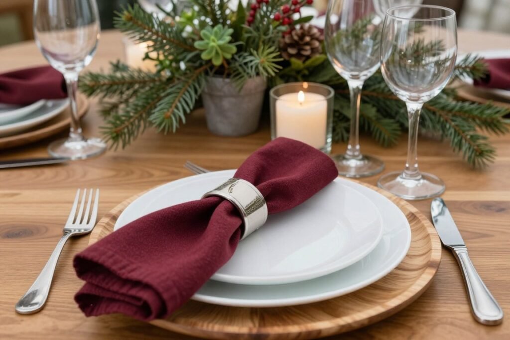 christmas wedding table setting with cloth napkins and reusable decorations