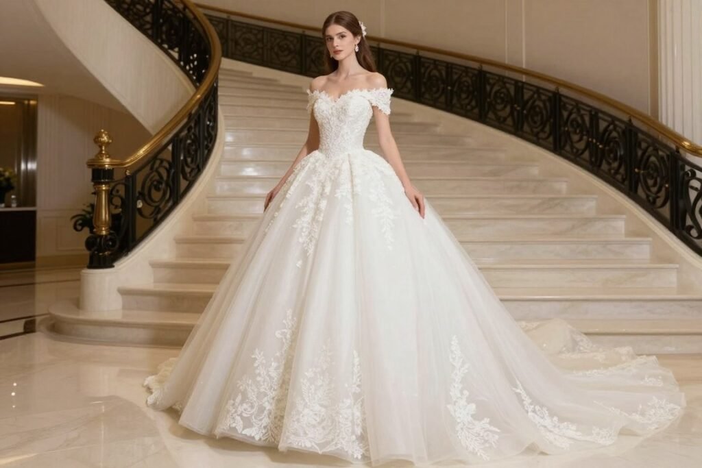 classic ball gown wedding dress with full skirt for traditional ceremony