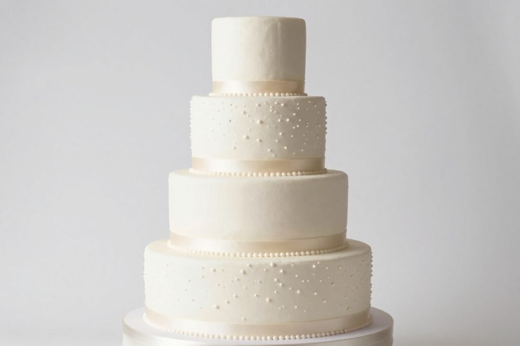 classic five-tier white wedding cake with buttercream frosting and pearl details classic five-tier white wedding cake with buttercream frosting and pearl details