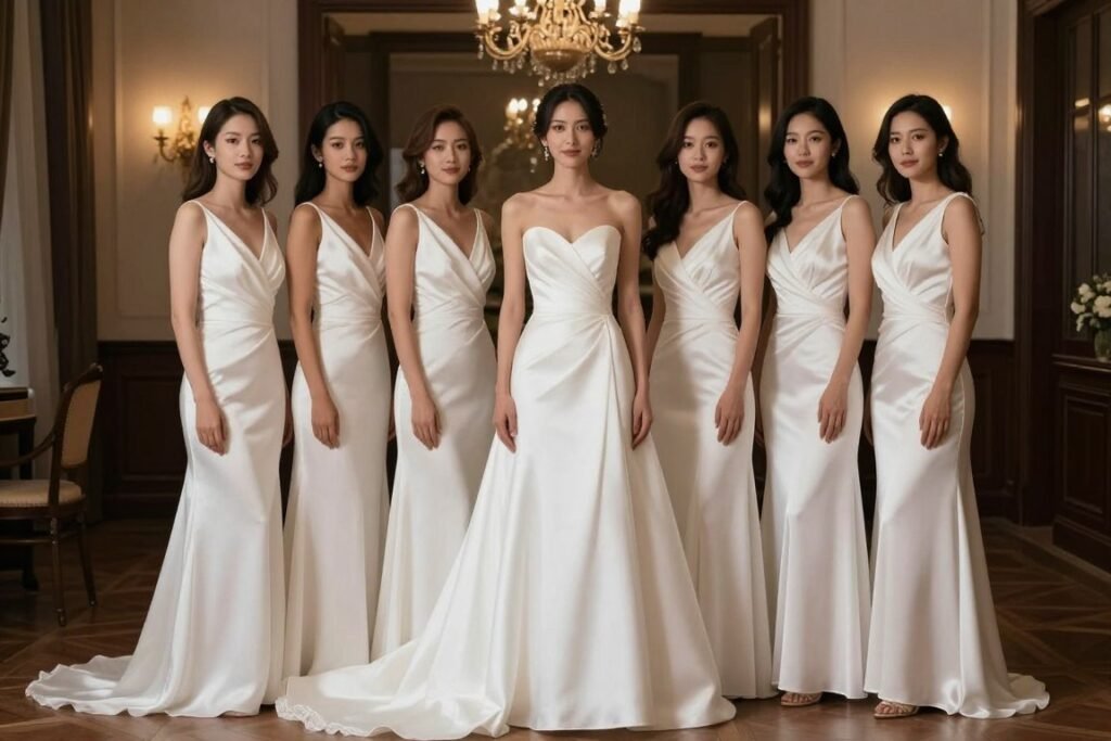 classic floor-length white bridesmaid dresses in satin fabric