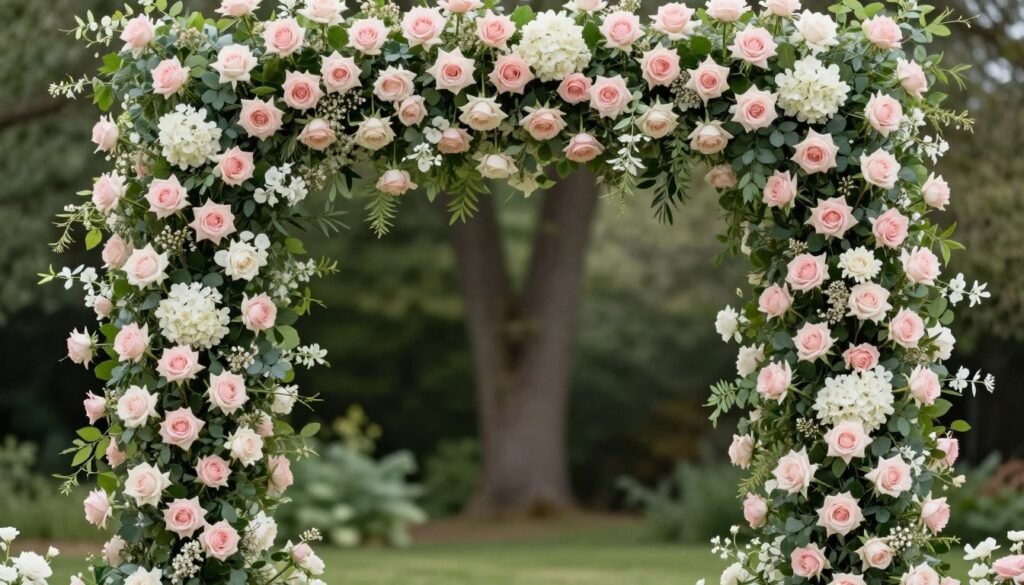 classic floral wedding arch with roses and greenery