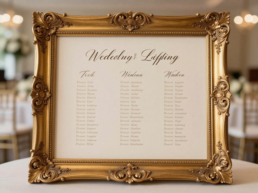classic gold-framed wedding seating chart